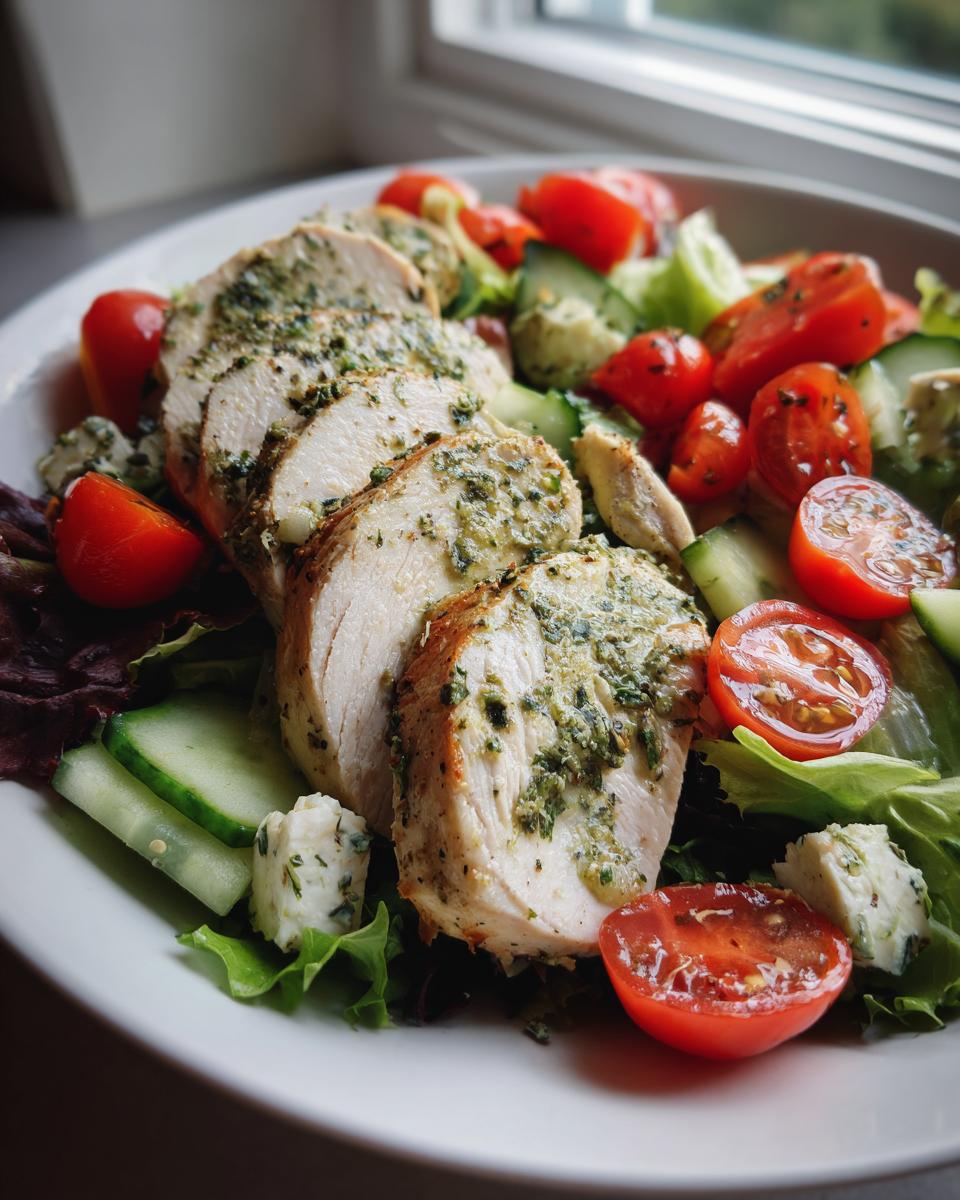 Close-up of sliced, herb-marinated chicken breast served over mixed greens with cherry tomatoes and feta cheese in a Baked Marinated Chicken Salad.