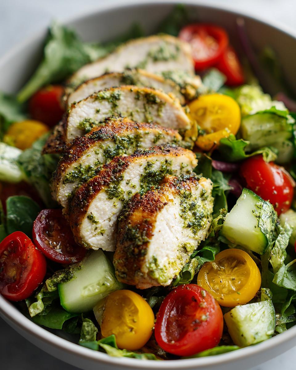 Close-up of sliced, pesto-marinated Baked Marinated Chicken Salad over fresh greens and cherry tomatoes.