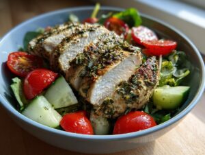 Close-up of sliced, herb-crusted Baked Marinated Chicken Salad served over greens with cherry tomatoes and cucumber.