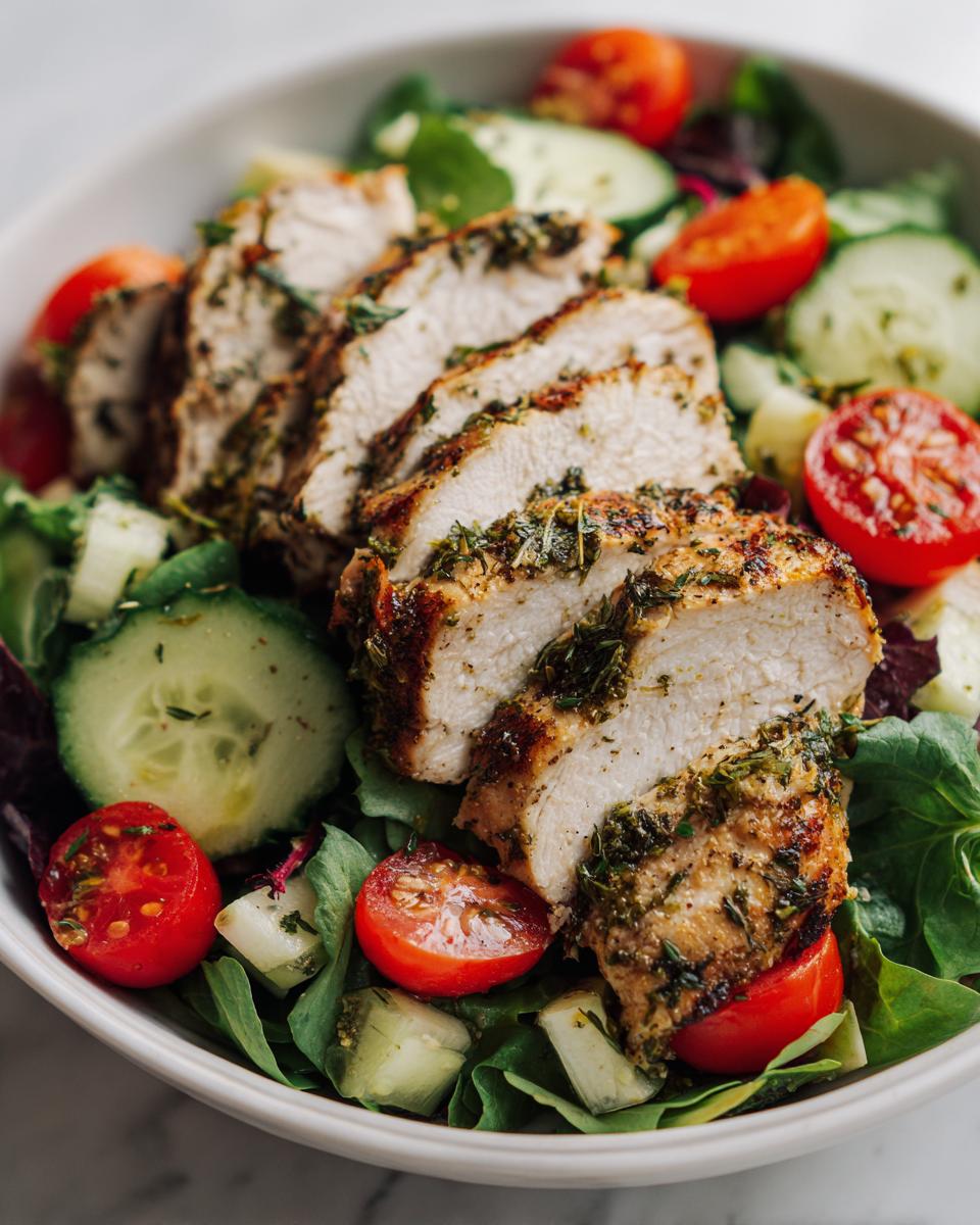 Close-up of sliced, herb-crusted baked marinated chicken salad served over fresh greens, tomatoes, and cucumbers.