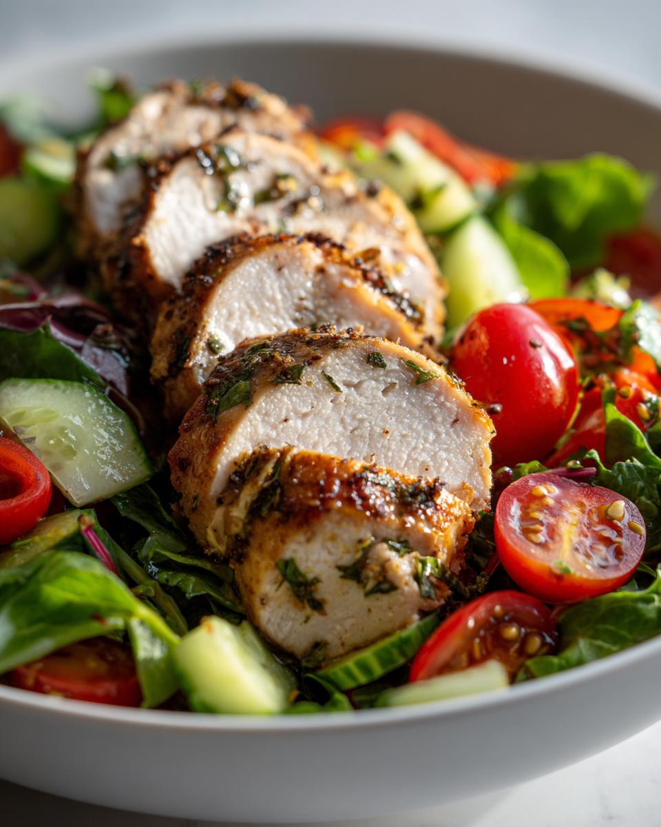 Close-up of sliced, juicy Baked Marinated Chicken Salad served over fresh greens, cucumbers, and cherry tomatoes.