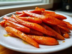 A pile of glossy, bright orange Balsamic Roasted Carrots served on a white plate, glistening with glaze.