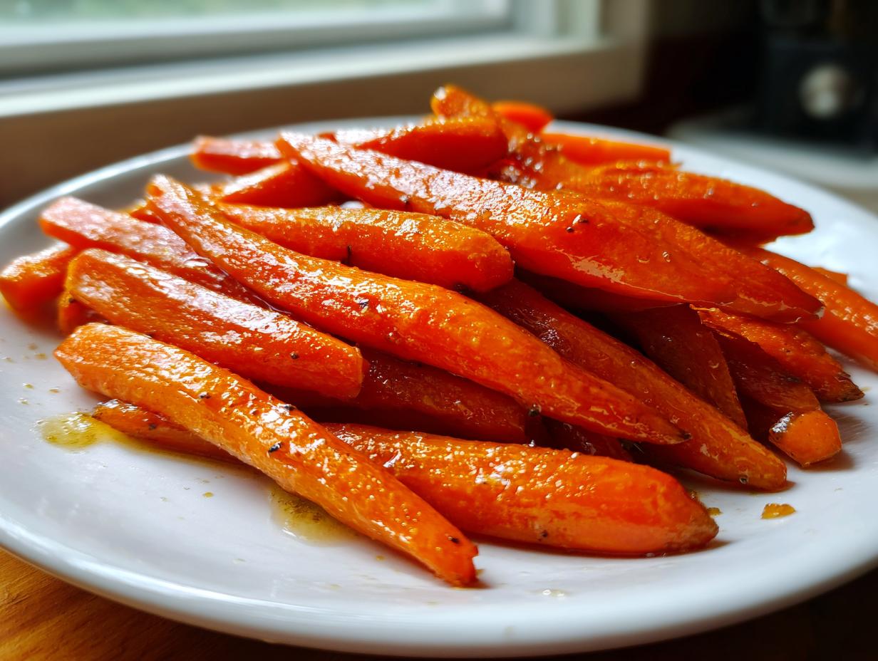 A pile of glossy, bright orange Balsamic Roasted Carrots served on a white plate, glistening with glaze.
