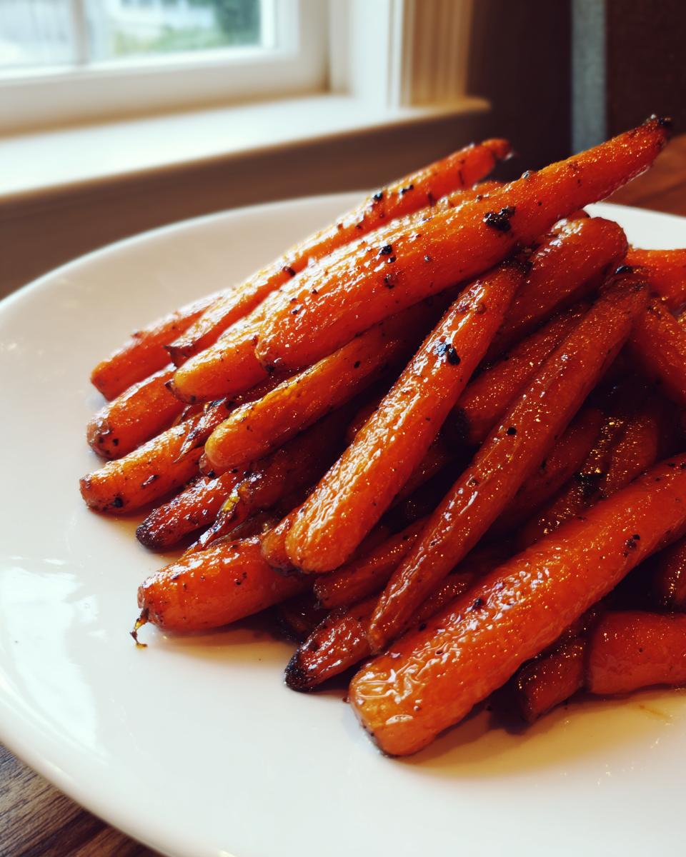 A close-up of shiny, glazed Balsamic Roasted Carrots piled high on a white serving plate.
