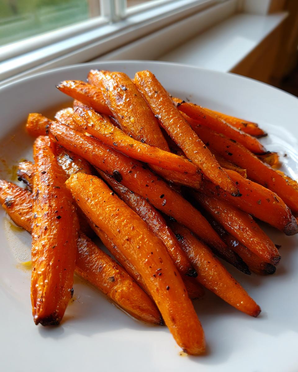 A close-up of glazed, caramelized Balsamic Roasted Carrots piled on a white plate near a bright window.