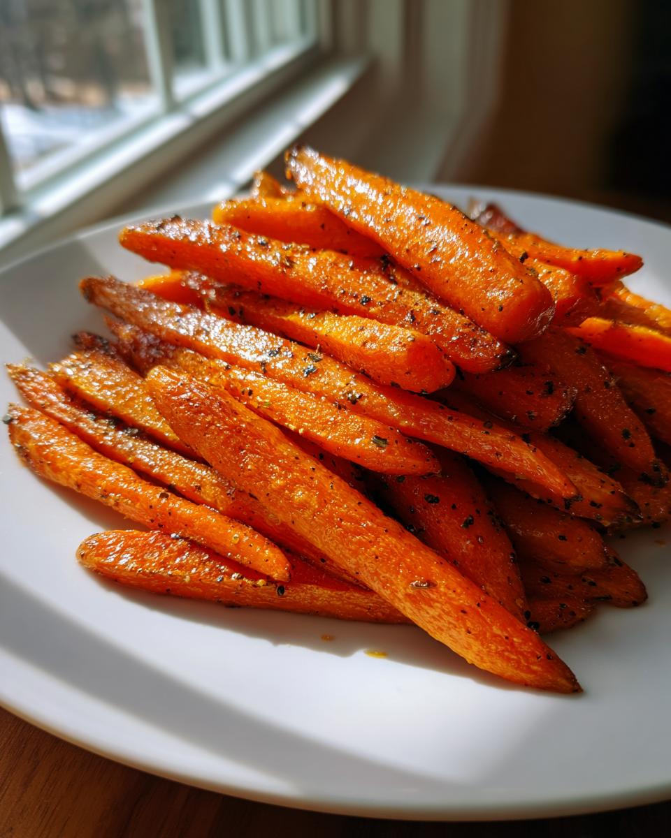 A pile of glossy, seasoned Balsamic Roasted Carrots served on a white plate, backlit by a window.