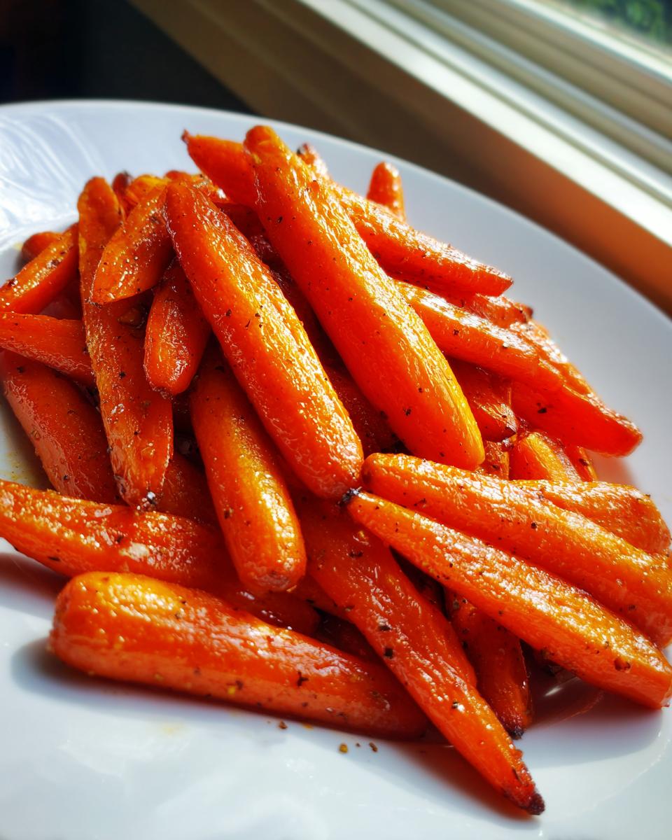 A close-up of glossy, bright orange Balsamic Roasted Carrots piled on a white plate, seasoned with pepper.
