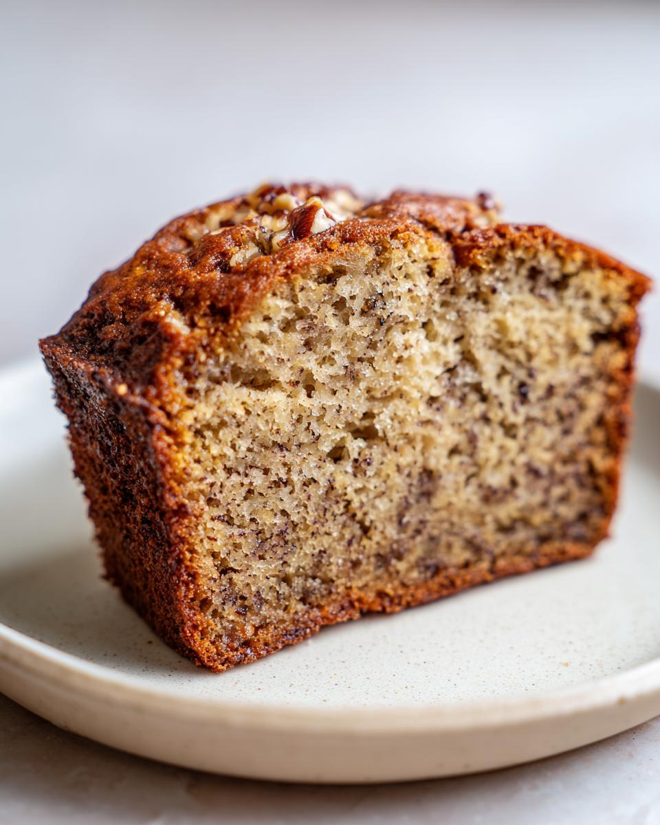 Close-up of a moist slice of banana bread for two, showing dark banana flecks and a nutty topping.