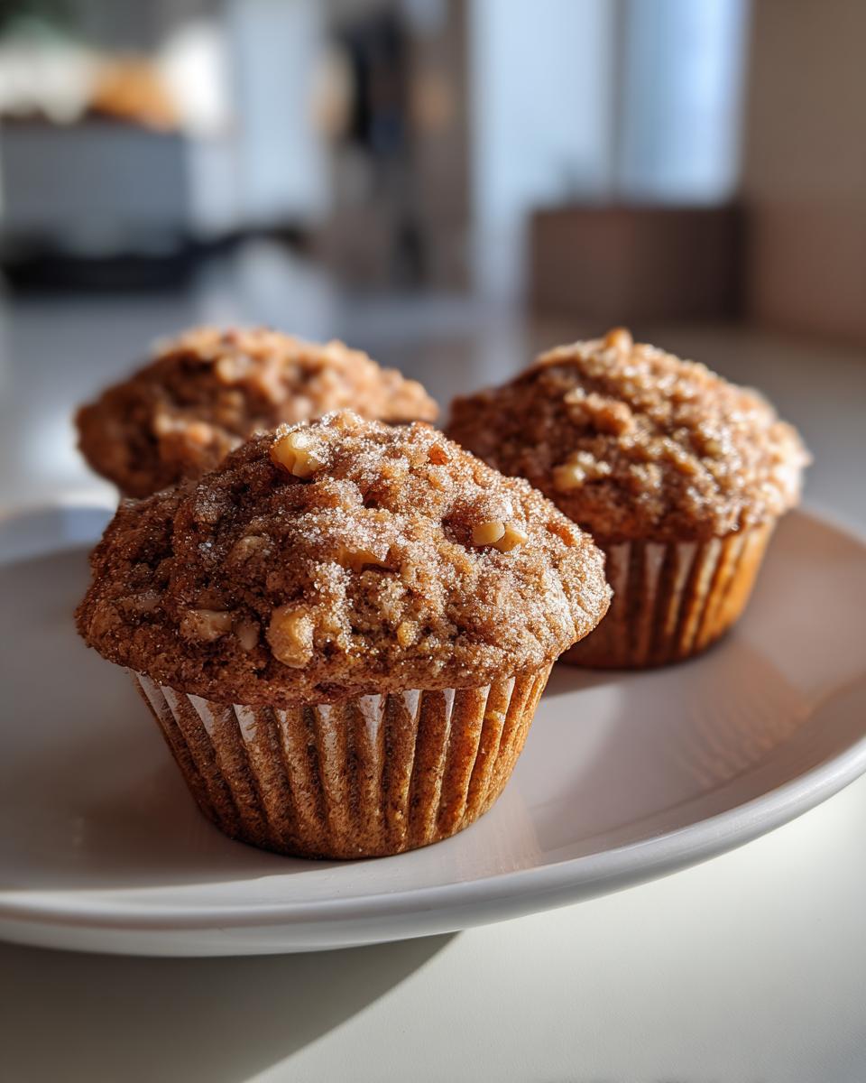 Three freshly baked banana nut muffins with a sugary, nutty streusel topping served on a white plate.