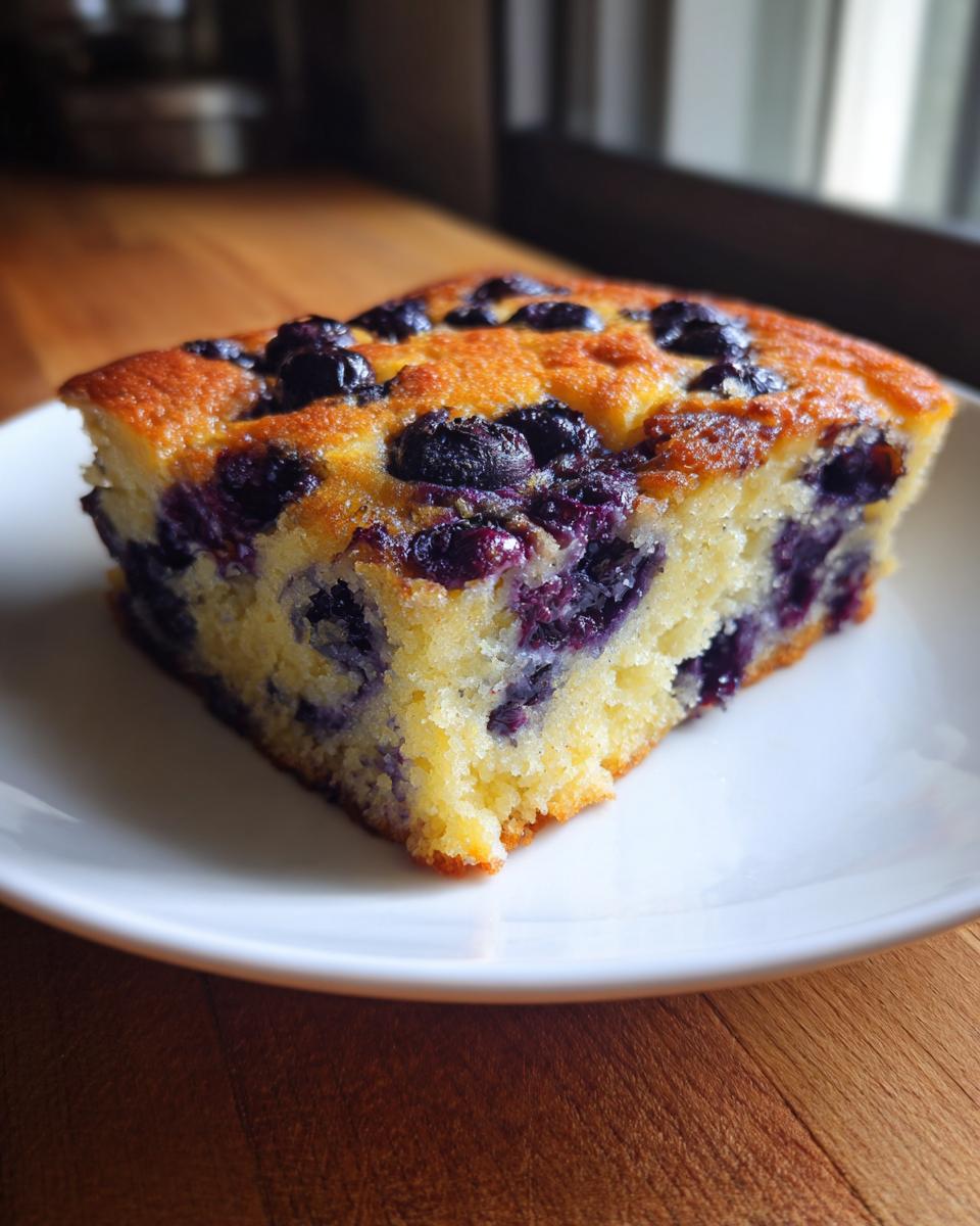 A close-up of a square slice of golden sheet pan pancakes loaded with juicy blueberries, served on a white plate.