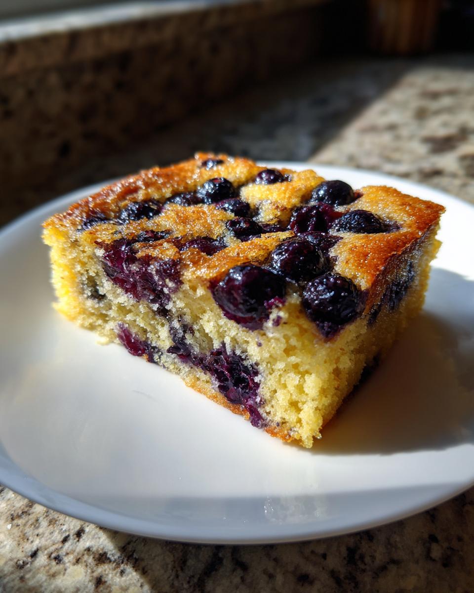 A square slice of golden sheet pan pancakes topped with baked blueberries, served on a white plate.