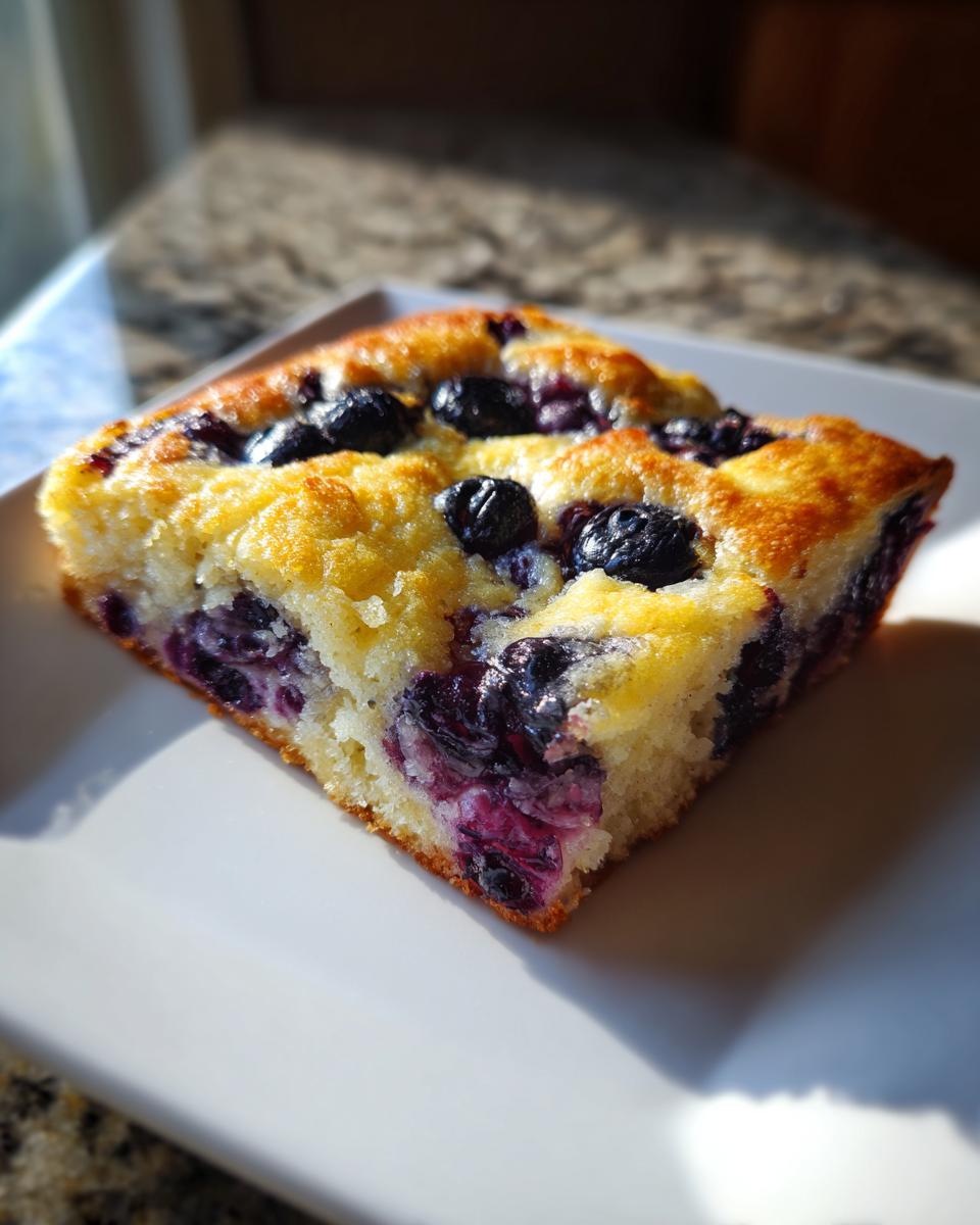 Close-up of a golden-brown square slice of blueberry sheet pan pancakes on a white plate.