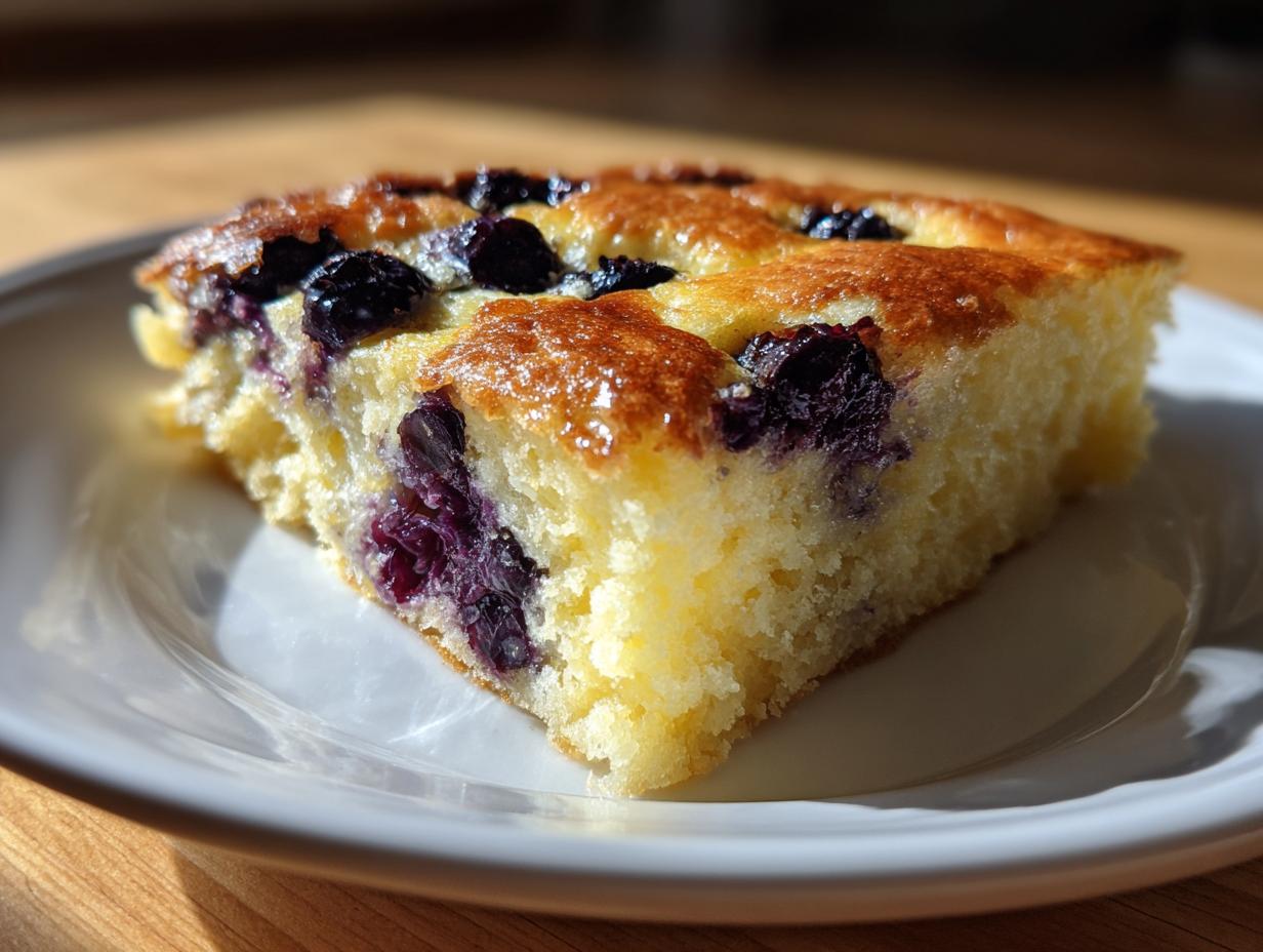 Close-up of a golden brown slice of blueberry sheet pan pancakes served on a white plate.