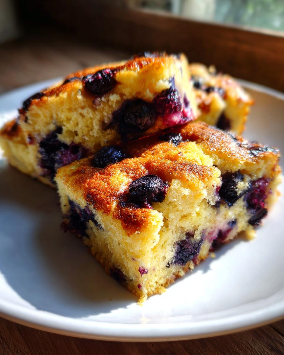 Close-up of golden baked squares of sheet pan pancakes loaded with juicy blueberries on a white plate.