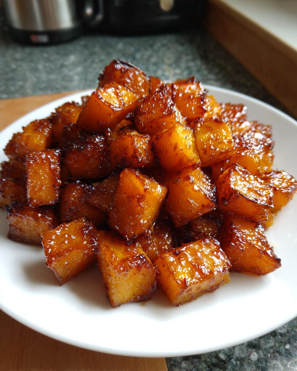 A pile of caramelized Brown Sugar Roasted Butternut Squash cubes glistening on a white plate.