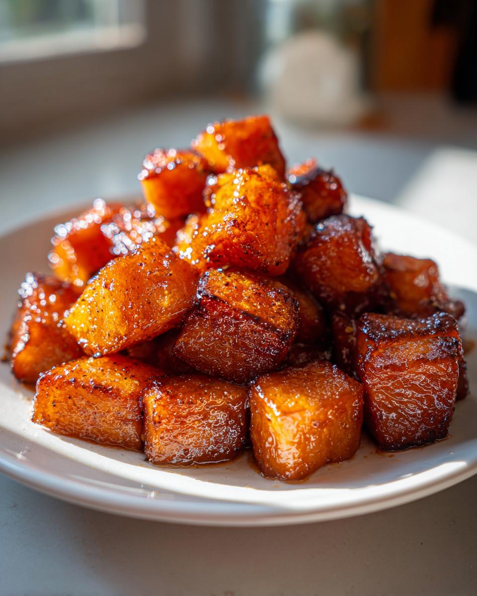 Close-up of caramelized Brown Sugar Roasted Butternut Squash cubes piled high on a white plate.