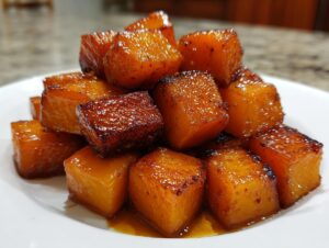 Close-up of sweet, caramelized Brown Sugar Roasted Butternut Squash cubes piled high on a white plate.