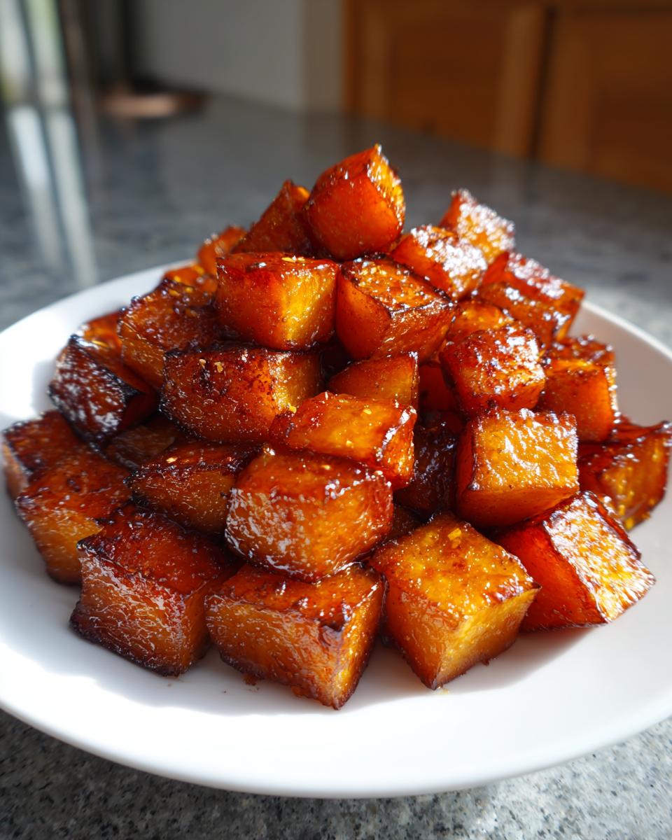 A mound of glistening, caramelized Brown Sugar Roasted Butternut Squash cubes piled high on a white plate.
