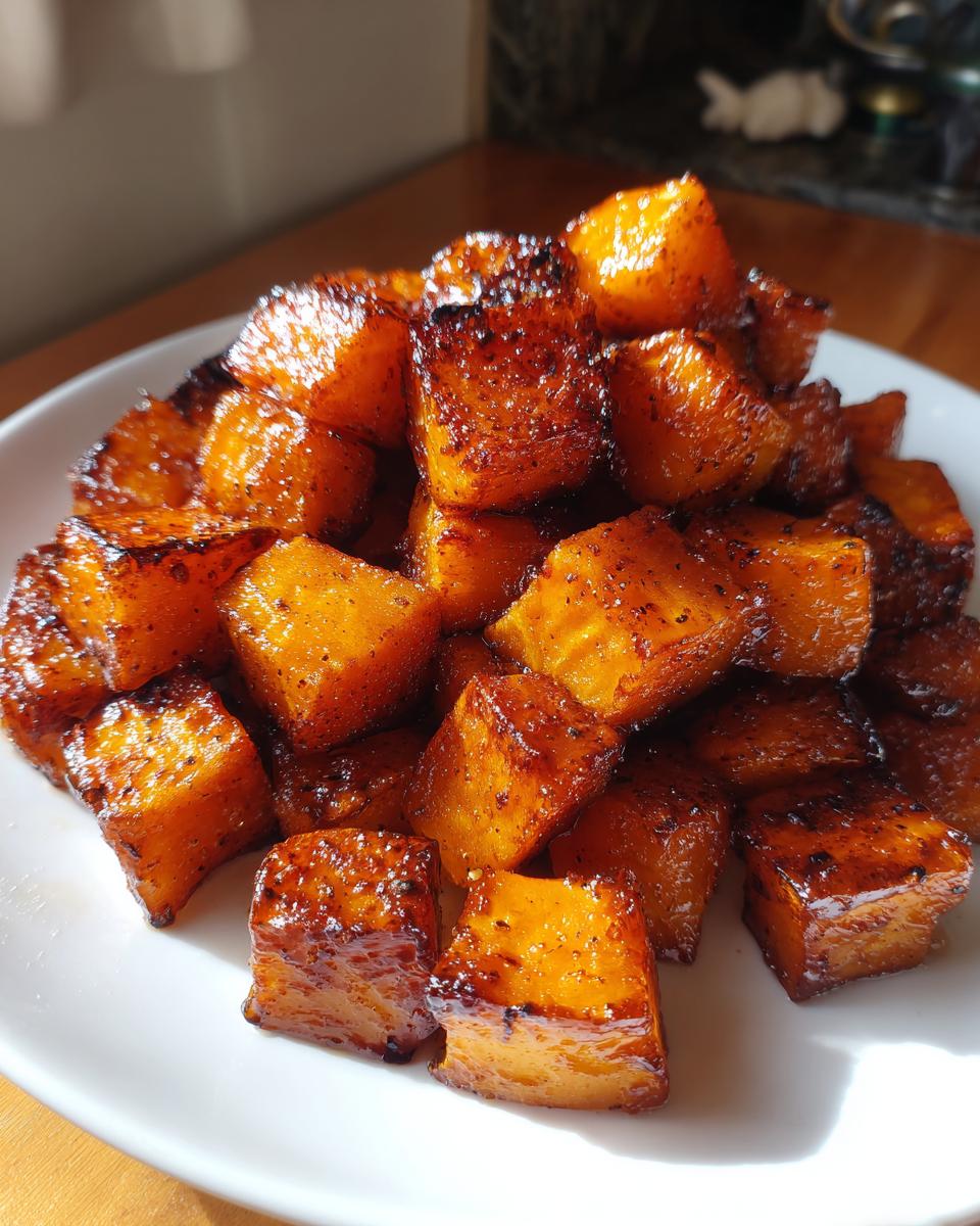 A close-up of glistening, caramelized Brown Sugar Roasted Butternut Squash cubes piled on a white plate.