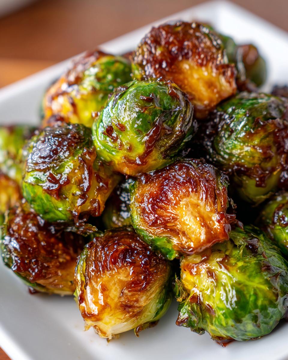 Close-up of roasted Brussels sprouts coated in a thick, shiny Sticky Brussels Sprouts Glaze, piled on a white plate.