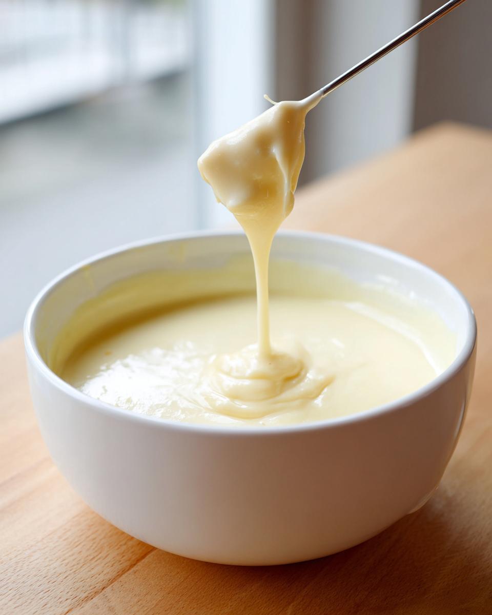 A fondue fork lifts a thick, creamy swirl of cheese fondue recipe mixture from a white bowl.