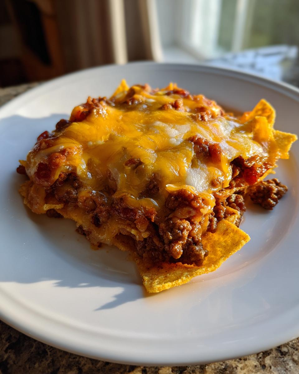 A hearty serving of baked frito pie casserole topped with melted cheddar cheese, resting on a white plate.