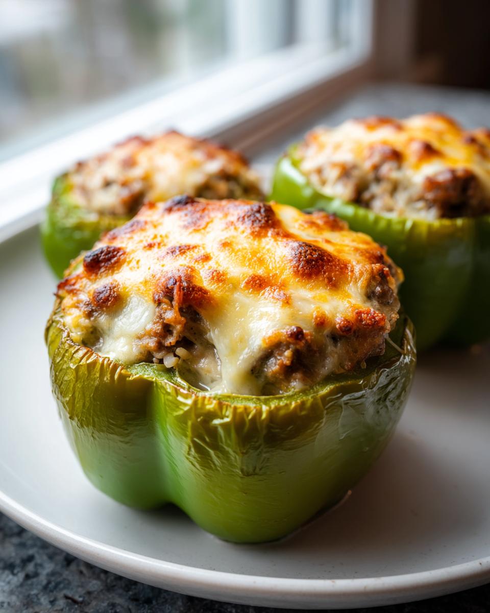 Close-up of three bright green Keto Stuffed Bell Peppers topped with melted, browned cheese.