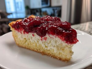 A thick slice of cherry dessert pizza featuring a golden crust, white cream cheese layer, and glossy cherry topping.