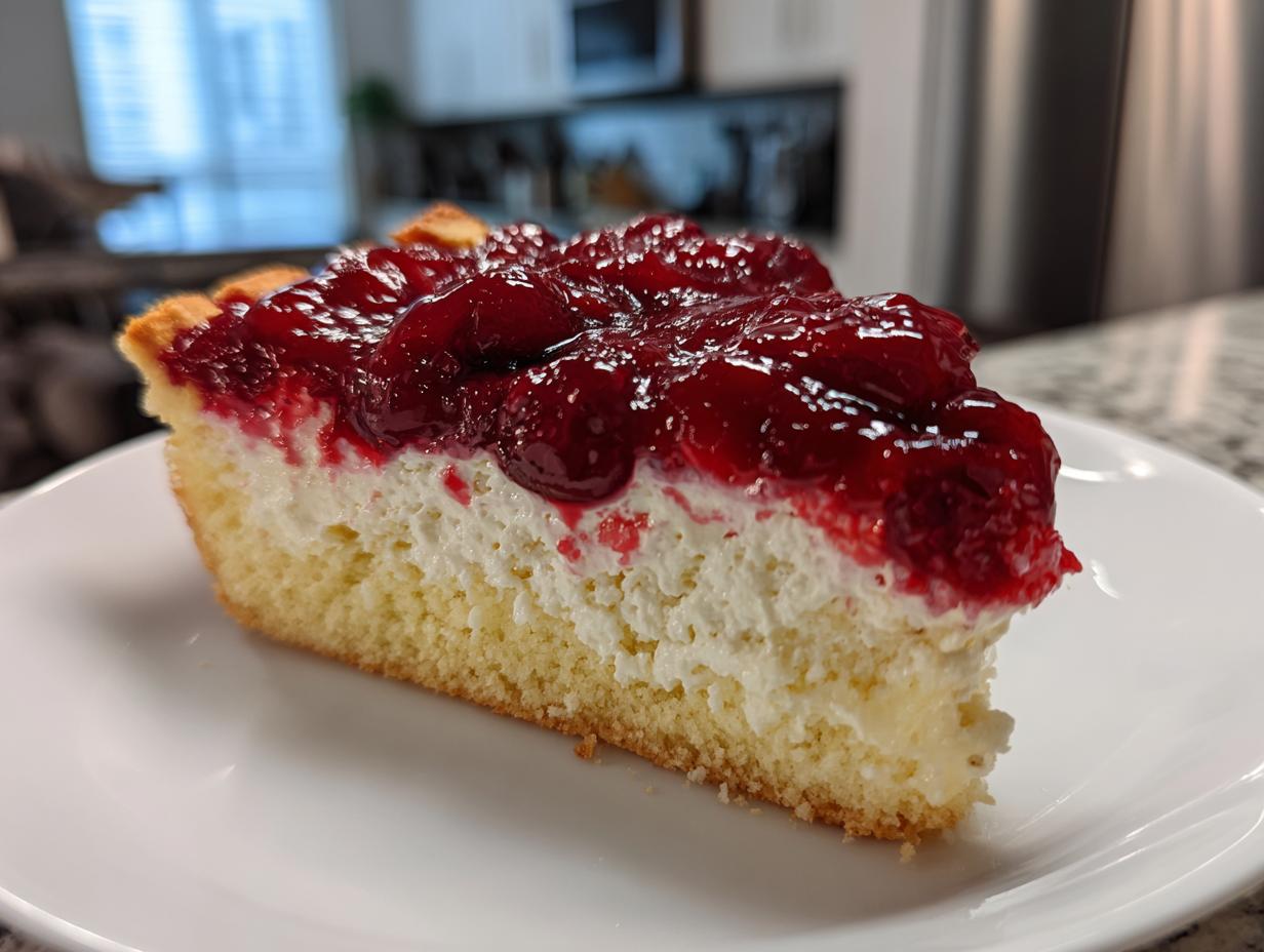 A thick slice of cherry dessert pizza featuring a golden crust, white cream cheese layer, and glossy cherry topping.