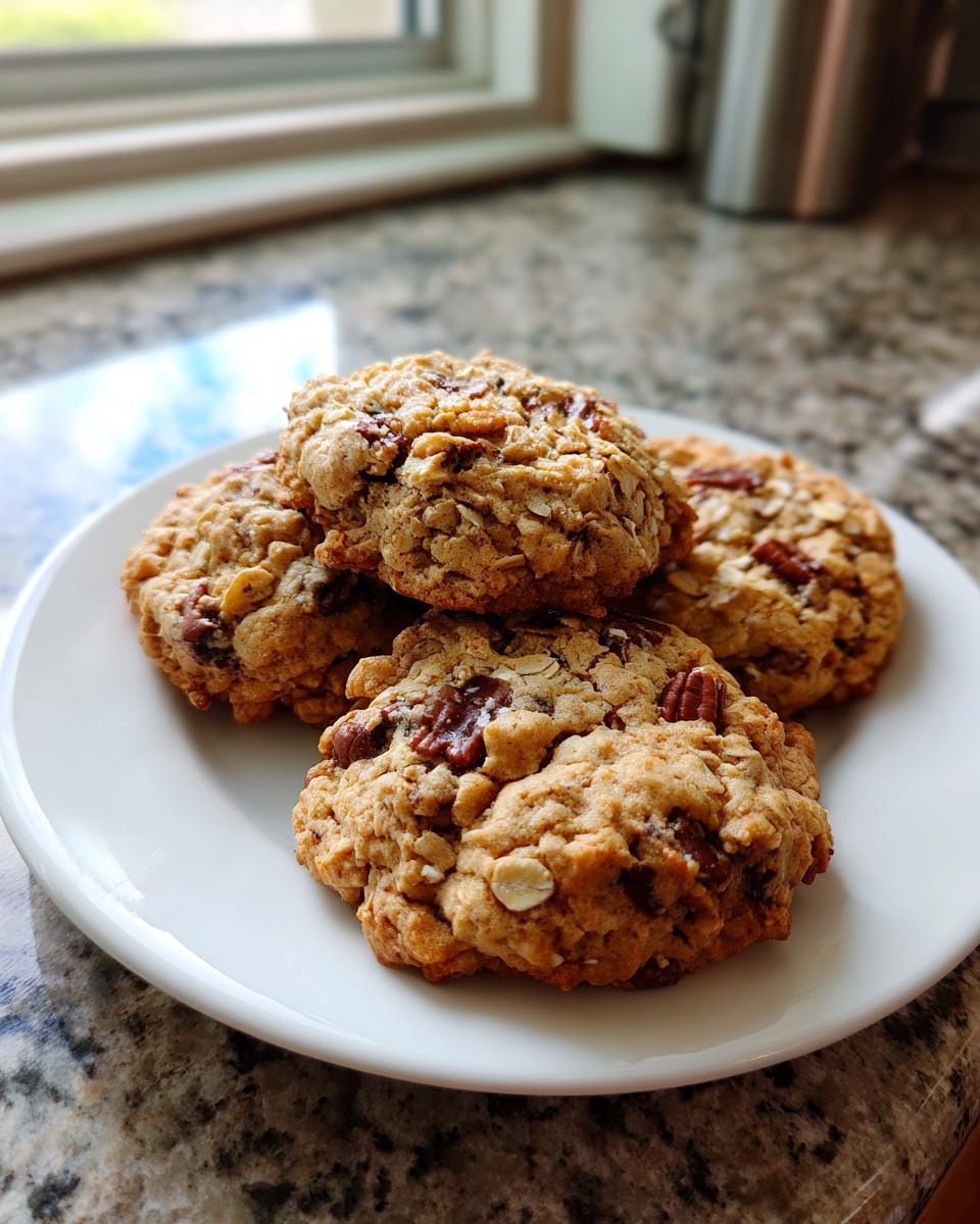 Four freshly baked cowboy cookies, loaded with oats and pecans, stacked on a white plate.