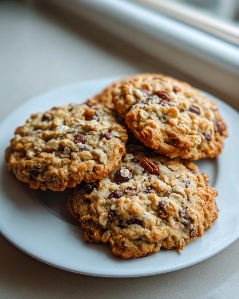 Close-up of three freshly baked cowboy cookies loaded with oats, chocolate chips, and pecans on a white plate.