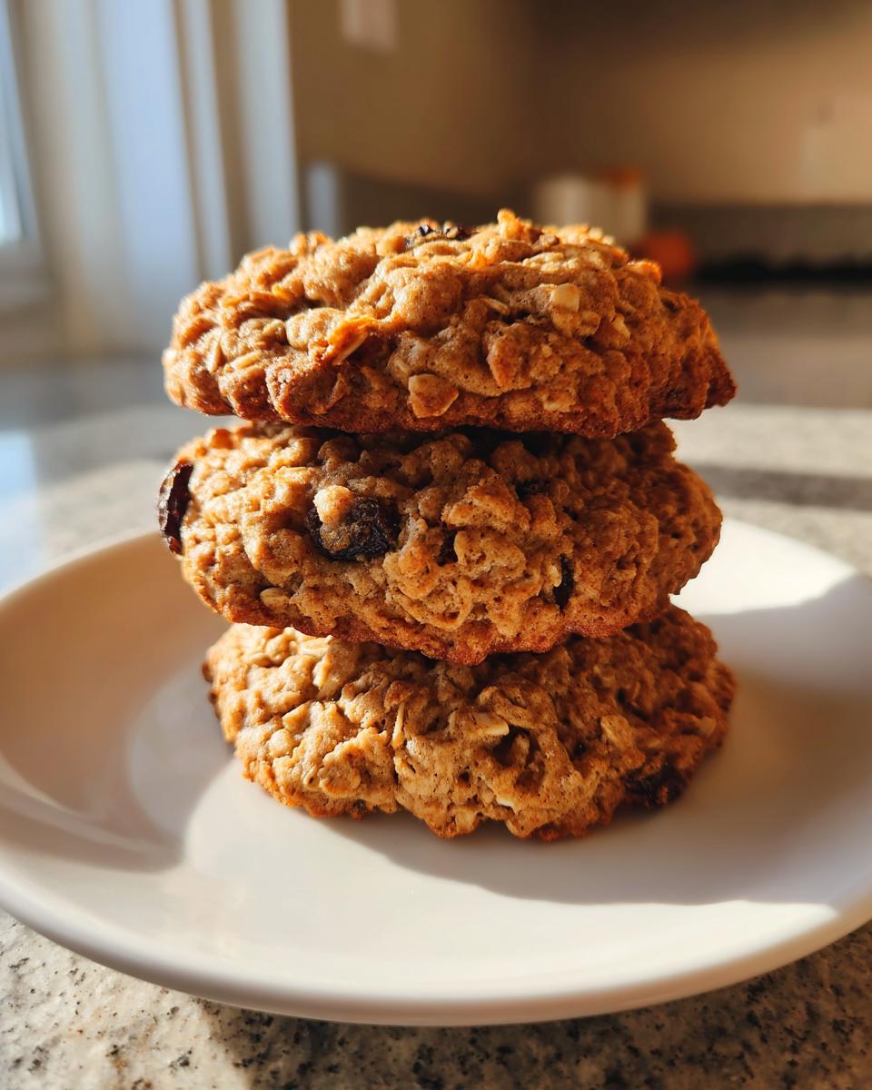 A stack of three freshly baked oatmeal raisin cookies resting on a white plate, highlighted by sunlight.