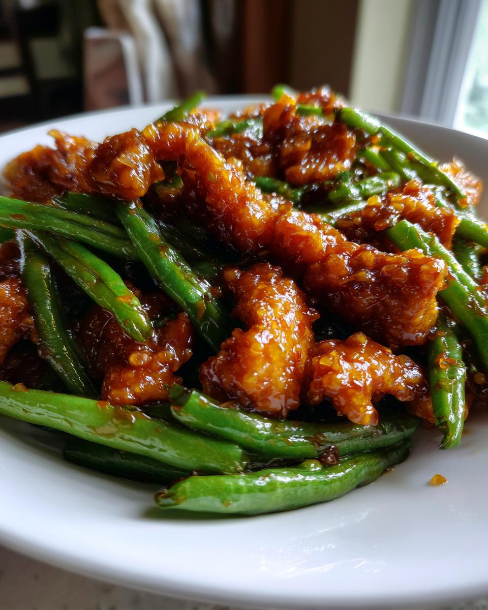 A close-up shot of crispy, glazed chicken pieces mixed with bright green beans in a savory sauce, showcasing the chicken and green bean stir fry.
