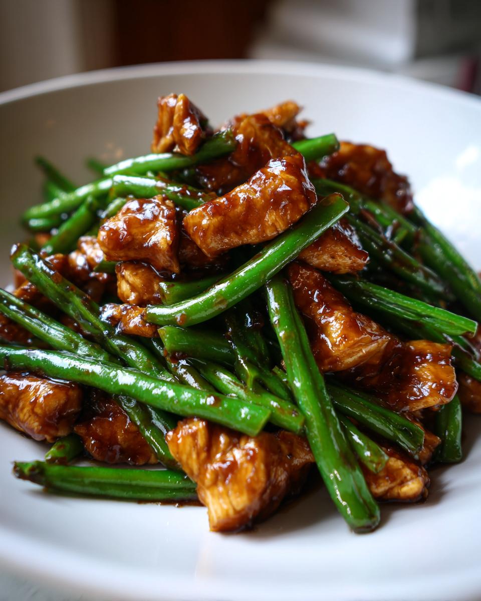 Close-up of glossy, saucy chicken and bright green beans in a chicken and green bean stir fry served in a white bowl.
