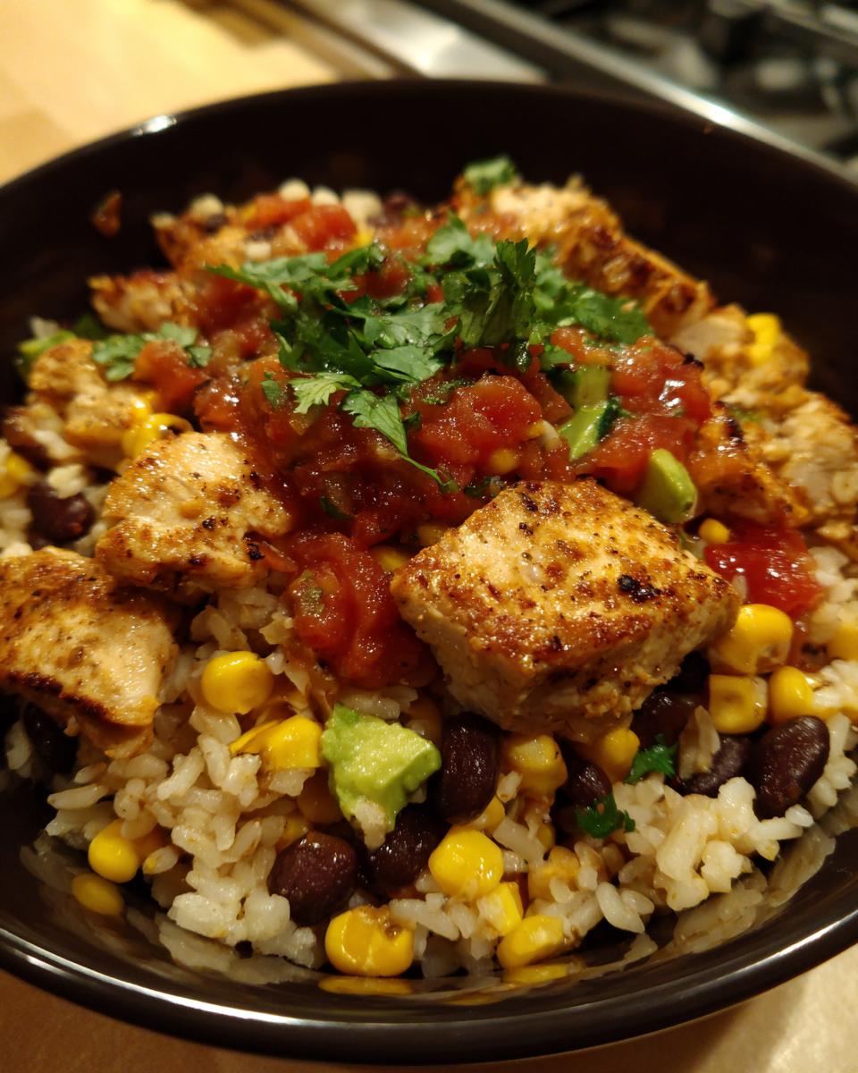 Close-up of a hearty chicken burrito bowl featuring seasoned chicken, rice, black beans, corn, salsa, and cilantro.