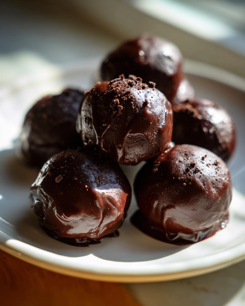 A close-up of several rich, dark chocolate coated oreo balls stacked on a white plate, glistening in the light.