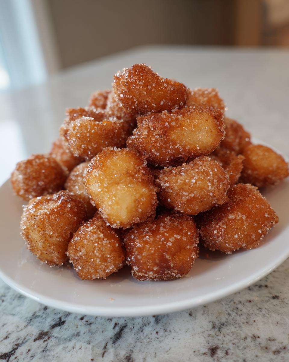 A close-up of a mound of golden brown churro donut bites generously coated in cinnamon sugar.