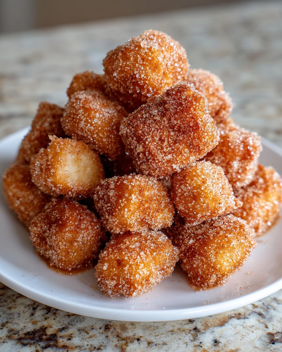 A close-up of a mound of golden brown churro donut bites heavily coated in cinnamon sugar, served on a white plate.