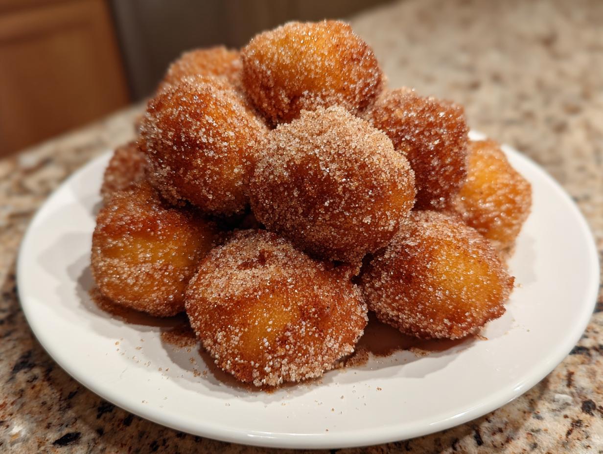 A mound of freshly fried, golden brown churro donut bites generously coated in cinnamon sugar, served on a white plate.