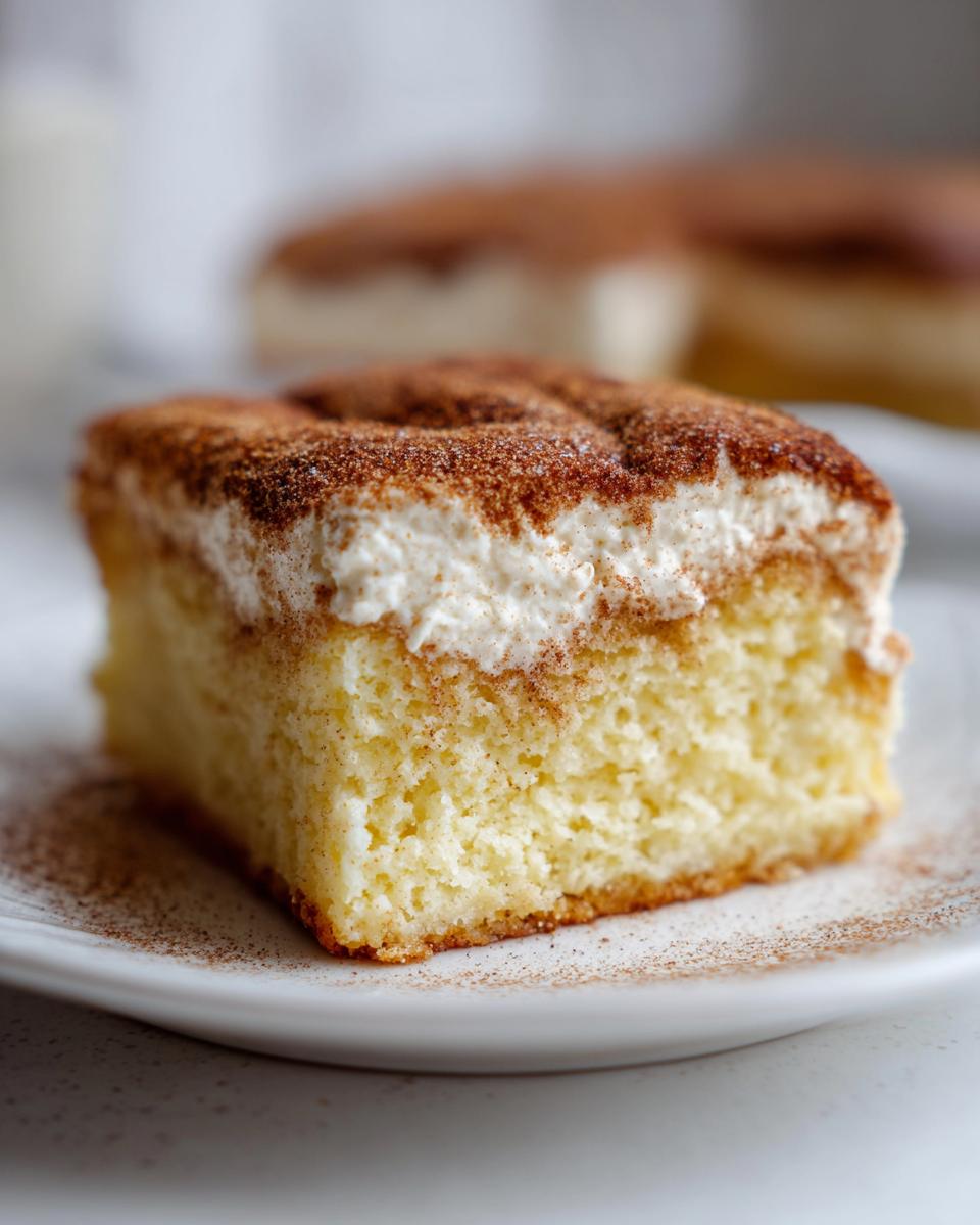 Close-up of a moist slice of churro three milks cake topped with whipped cream and sprinkled with cinnamon.