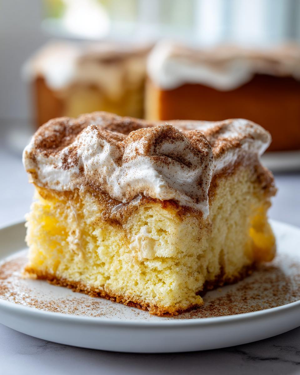 Close-up of a moist slice of churro three milks cake topped with whipped cream and cinnamon.