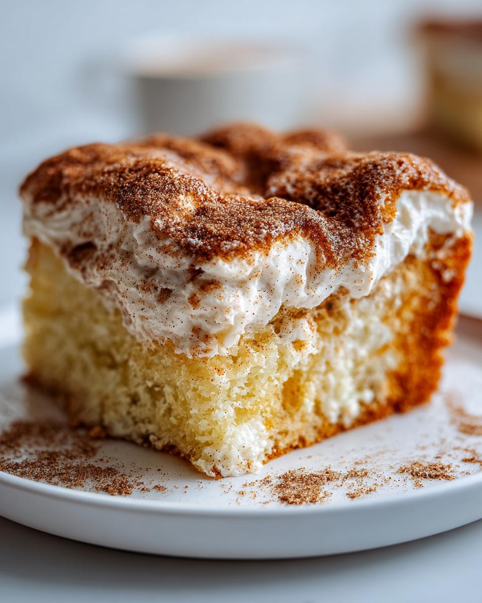 Close-up of a moist slice of churro three milks cake topped with whipped cream and heavy cinnamon dusting.