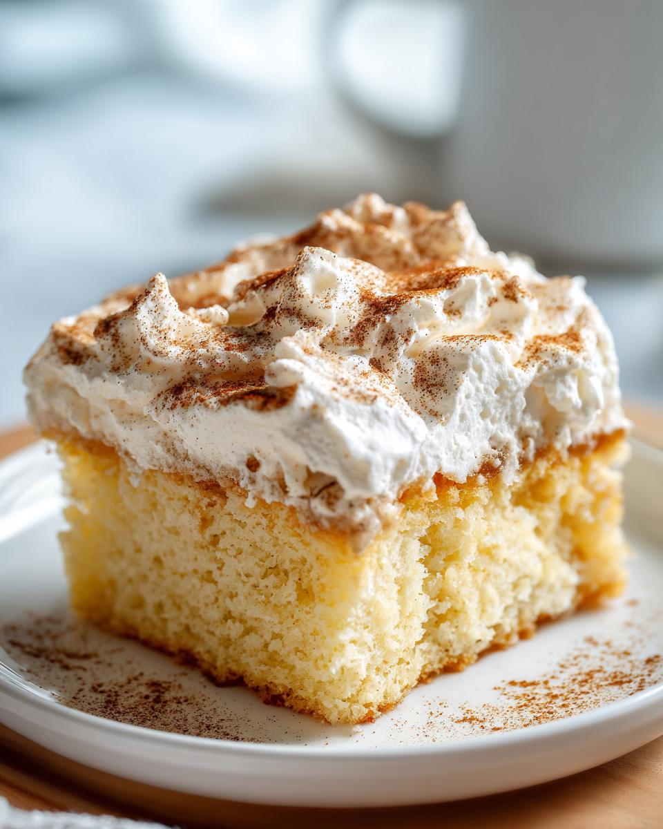 A moist slice of churro three milks cake topped with fluffy whipped cream and dusted with cinnamon.