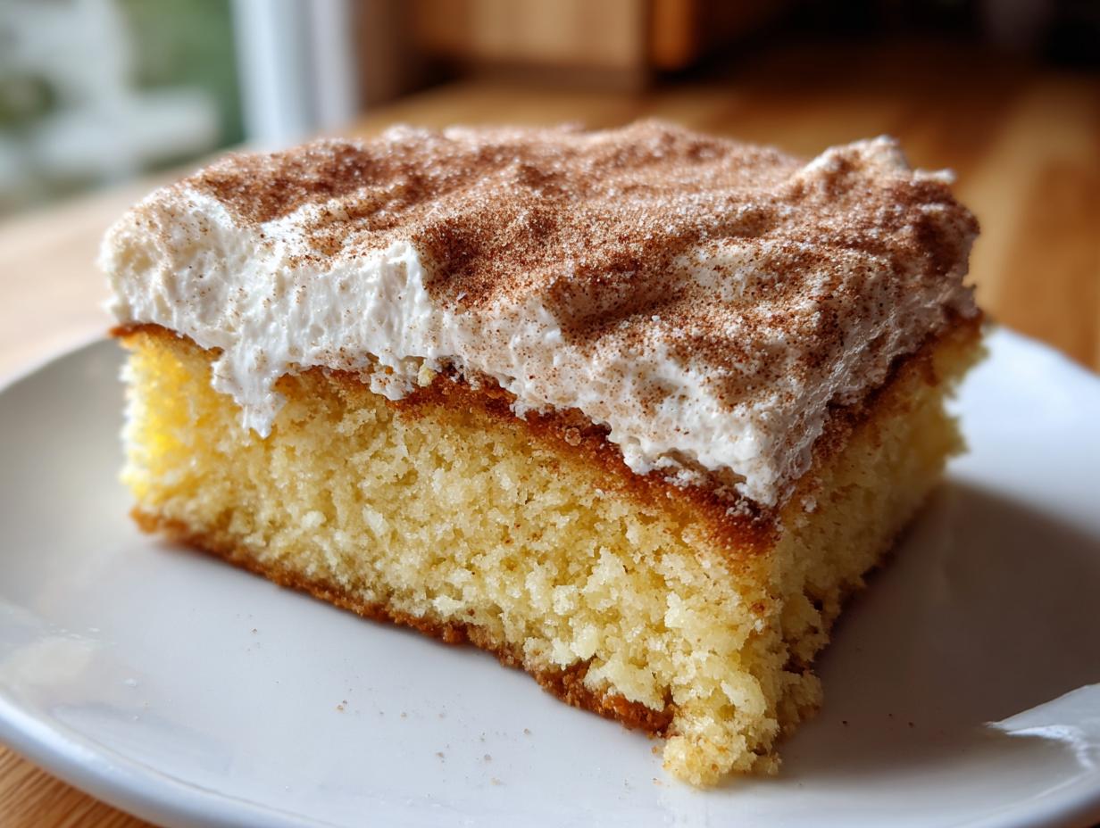 A close-up of a moist slice of churro three milks cake topped with whipped cream and dusted heavily with cinnamon.