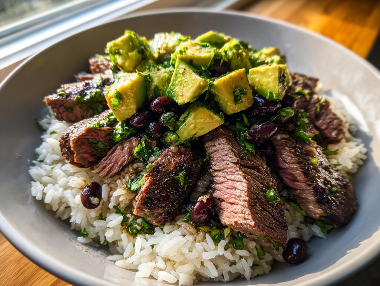 Close-up of sliced steak over white rice, topped with avocado chunks and black beans in a cilantro lime steak bowls recipe.