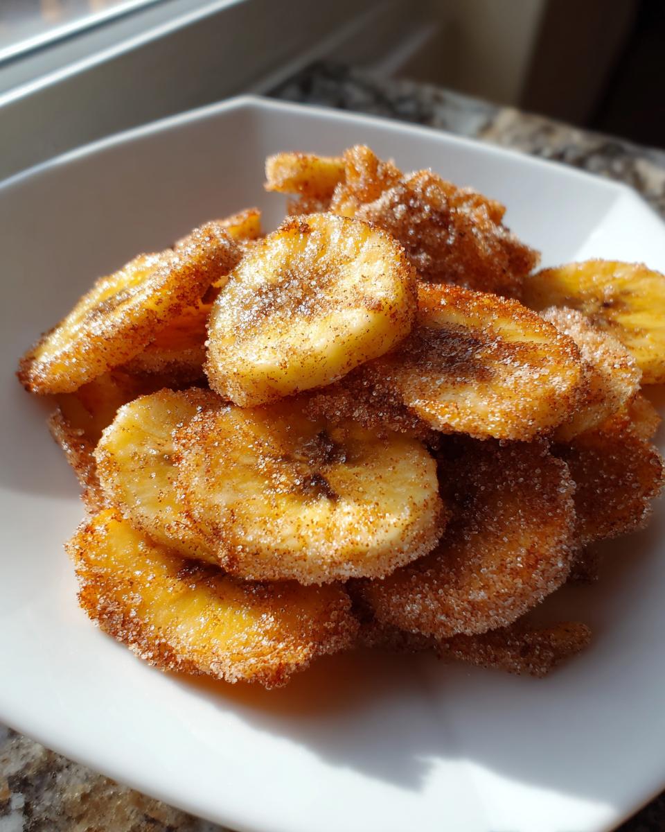 Close-up of crispy cinnamon sugar air fryer banana chips piled high in a white bowl.