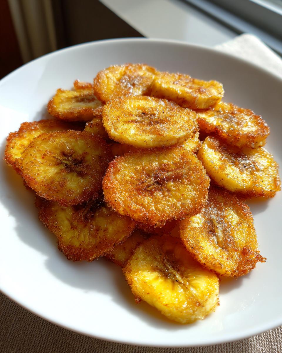 A pile of golden brown, sweet cinnamon sugar air fryer banana chips served on a white plate.