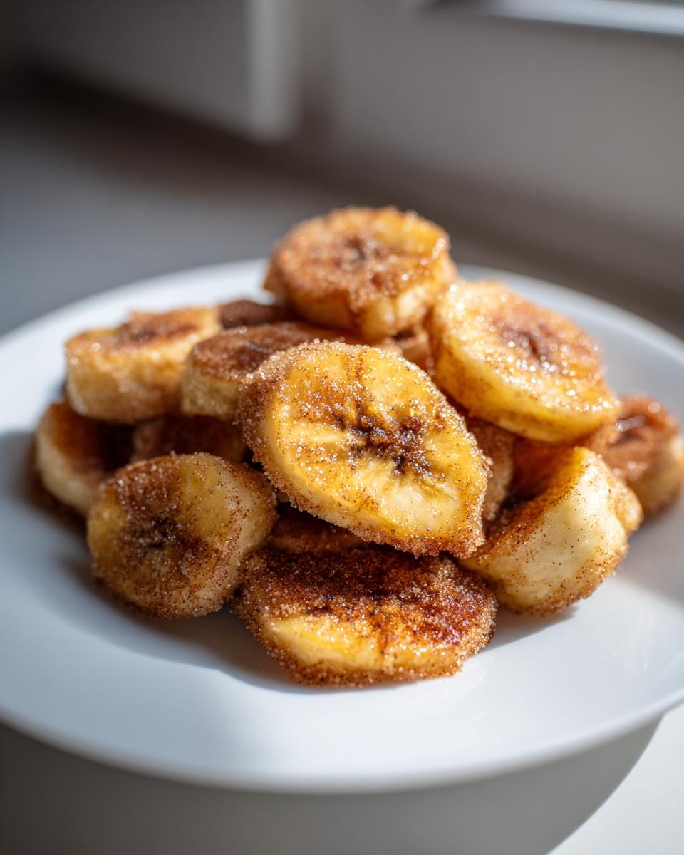 A pile of golden, thick-cut cinnamon sugar air fryer banana chips dusted generously with spice mix.