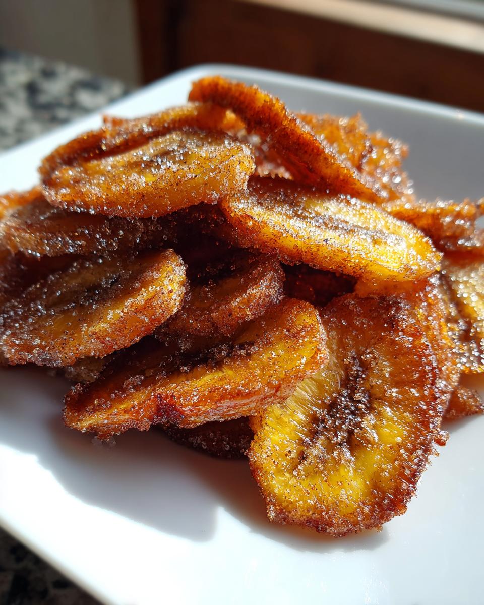 Close-up of crispy cinnamon sugar air fryer banana chips piled high on a white plate, glistening with sugar.