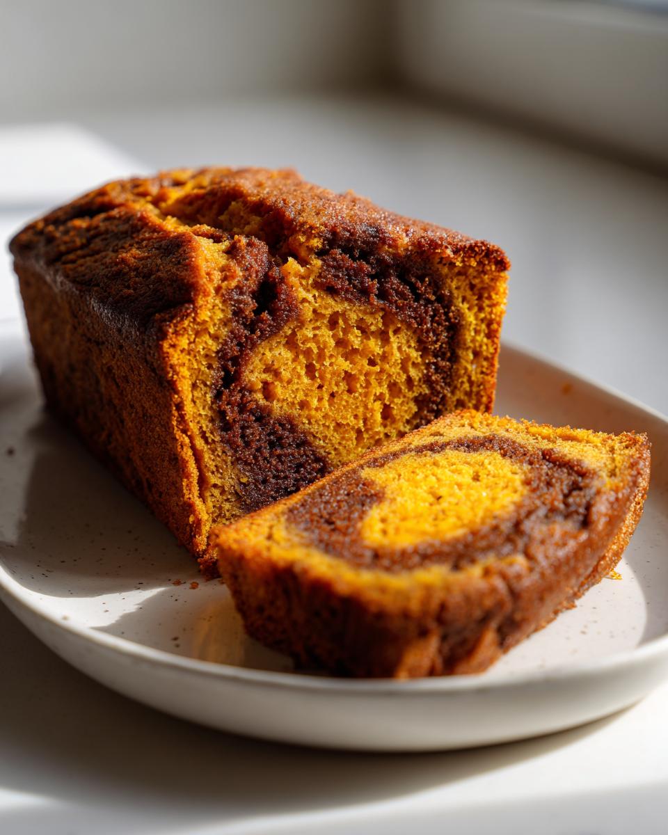 A loaf of Cinnamon Swirl Pumpkin Bread, partially sliced, showing the vibrant orange pumpkin batter swirled with dark cinnamon filling.